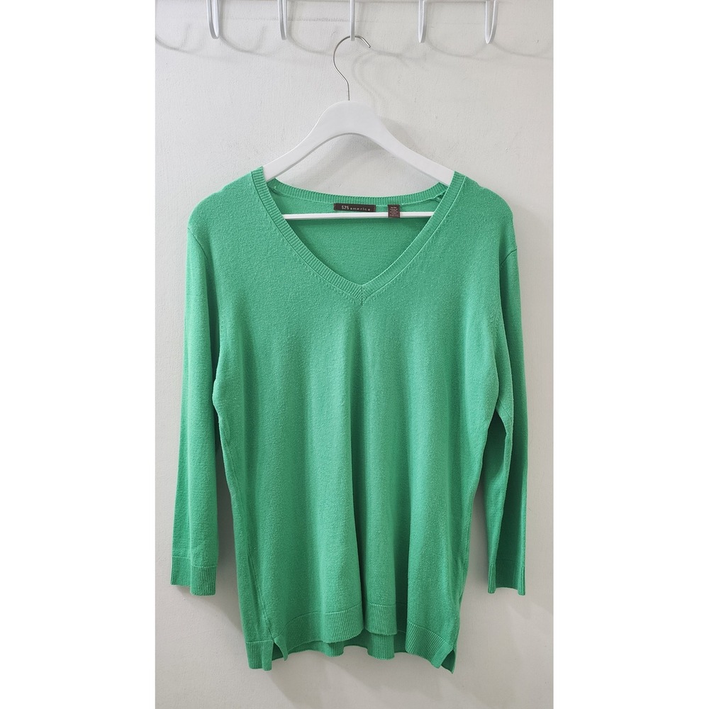 525 America Womens Green V-Neck Sweater 3/4 Sleeve Rayon Blend Size Medium